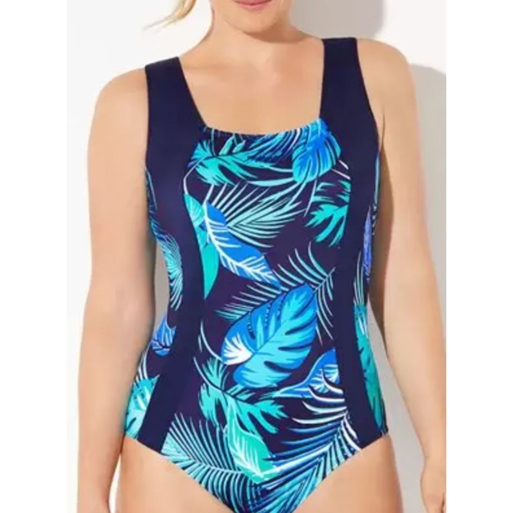 Swimsuits For All Tropical Palms Square Neck Racerback One Piece‎ 8 Slimming NEW
